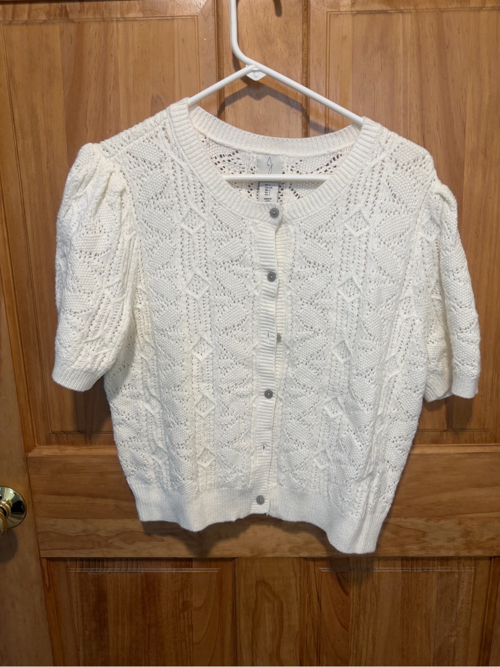 Joie Ivory Pointelle Puff Sleeve Button Front Cardigan L